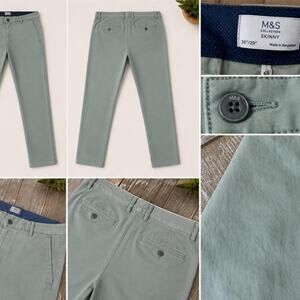M&S Collection men’s skinny fit chinos in a soft sage green color. Size 36”